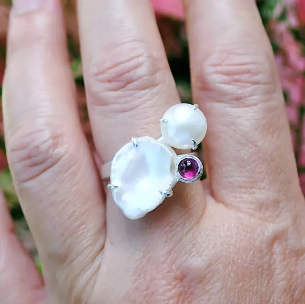 KeishiMax_10 Ring sterling silver freshwater pearls Rhodolite Garnet natural handmade