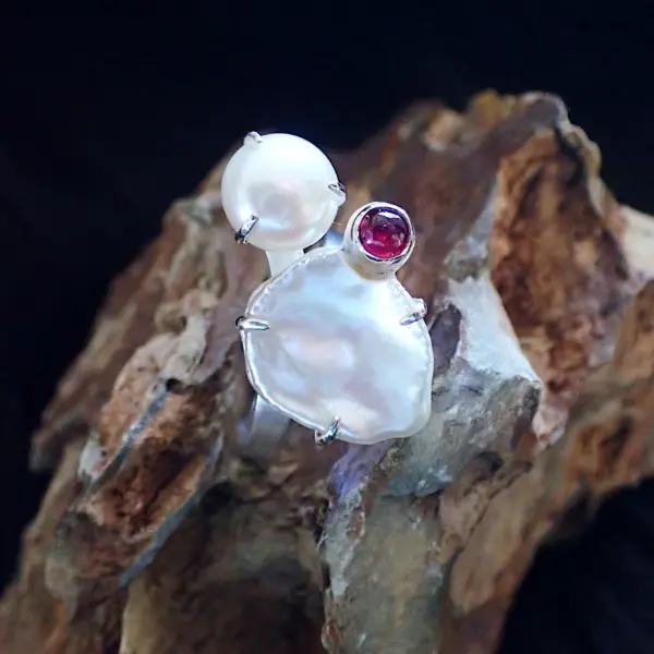 KeishiMax_2 Ring sterling silver freshwater pearls Rhodolite Garnet natural handmade
