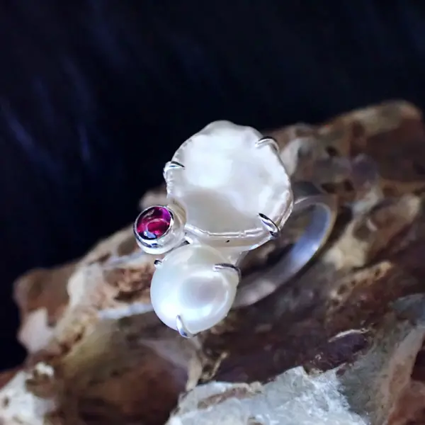 KeishiMax_4 Ring sterling silver freshwater pearls Rhodolite Garnet natural handmade