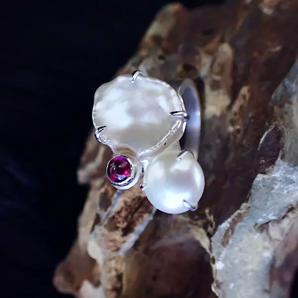 KeishiMax_5 Ring sterling silver freshwater pearls Rhodolite Garnet natural handmade