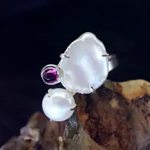 Ring sterling silver freshwater pearls Rhodolite Garnet natural handmade