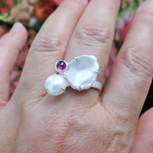 KeishiMax_9 Ring sterling silver freshwater pearls Rhodolite Garnet natural handmade