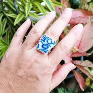 Upcycled ring beach sea old pottery blue and white ceramic sterling silver fancy handmade