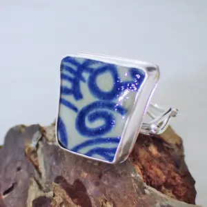 Upcycled ring beach sea old pottery blue and white ceramic sterling silver fancy handmade