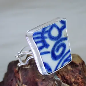 Upcycled ring beach sea old pottery blue and white ceramic sterling silver fancy handmade