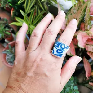 Upcycled ring beach sea old pottery blue and white ceramic sterling silver fancy handmade