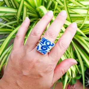 Upcycled ring beach sea old pottery blue and white ceramic sterling silver fancy handmade