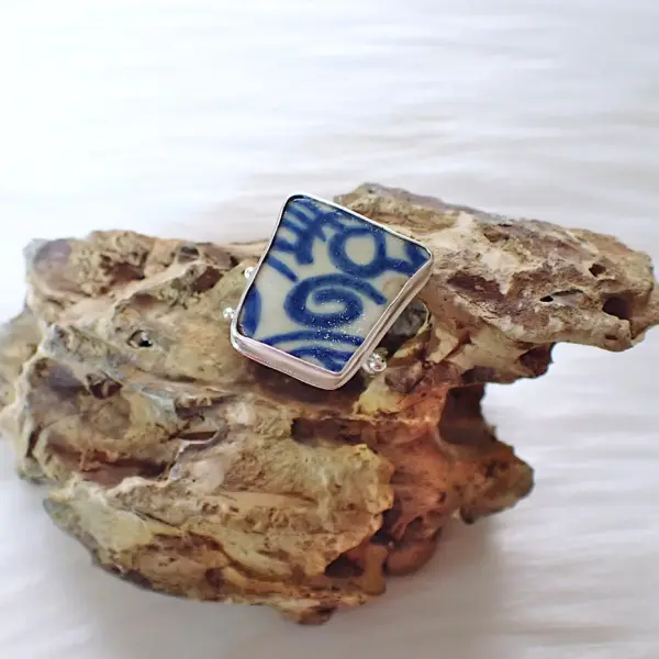 Upcycled ring beach sea old pottery blue and white ceramic sterling silver fancy handmade