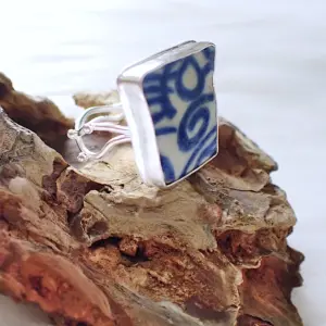 Upcycled ring beach sea old pottery blue and white ceramic sterling silver fancy handmade