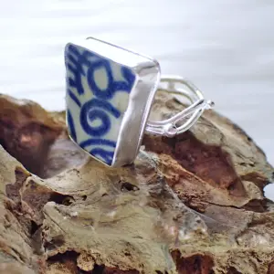 Upcycled ring beach sea old pottery blue and white ceramic sterling silver fancy handmade