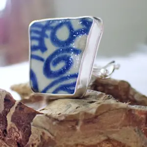 Upcycled ring beach sea old pottery blue and white ceramic sterling silver fancy handmade