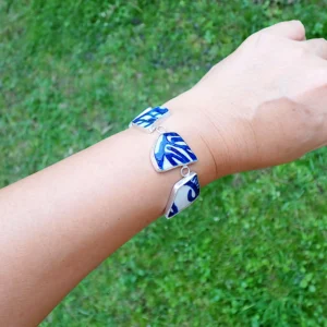 Bracelet upcycled beach sea pottery blue white porcelain sterling silver handmade