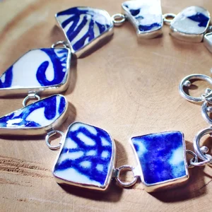 Bracelet upcycled beach sea pottery blue white porcelain sterling silver handmade