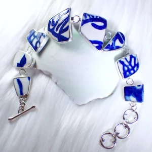 Bracelet upcycled beach sea pottery blue white porcelain sterling silver handmade