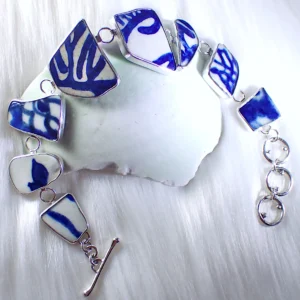 Bracelet upcycled beach sea pottery blue white porcelain sterling silver handmade