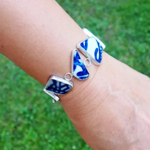 Bracelet upcycled beach sea pottery blue white porcelain sterling silver handmade