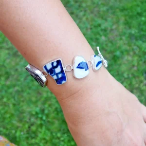 Bracelet upcycled beach sea pottery blue white porcelain sterling silver handmade