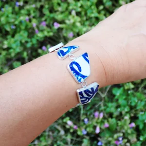 Bracelet upcycled beach sea pottery blue white porcelain sterling silver handmade