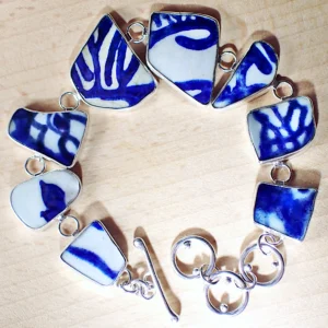 Bracelet upcycled beach sea pottery blue white porcelain sterling silver handmade