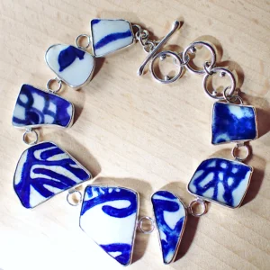 Bracelet upcycled beach sea pottery blue white porcelain sterling silver handmade