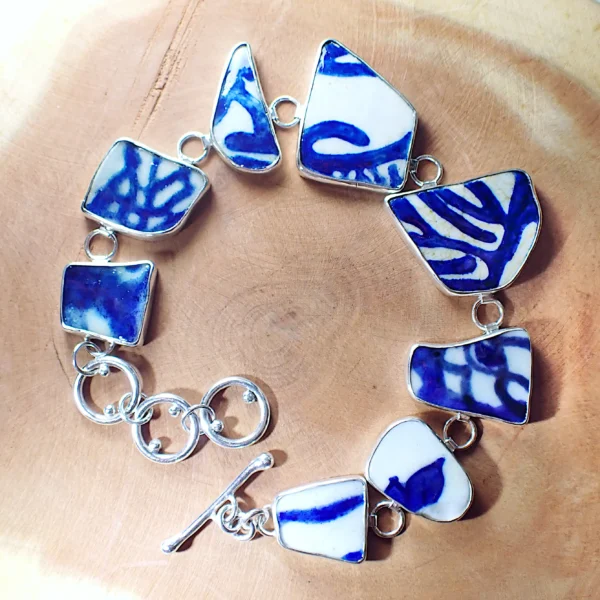 Bracelet upcycled beach sea pottery blue white porcelain sterling silver handmade