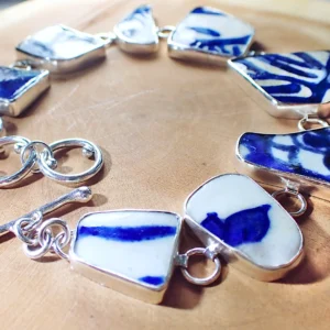 Bracelet upcycled beach sea pottery blue white porcelain sterling silver handmade