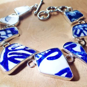 Bracelet upcycled beach sea pottery blue white porcelain sterling silver handmade