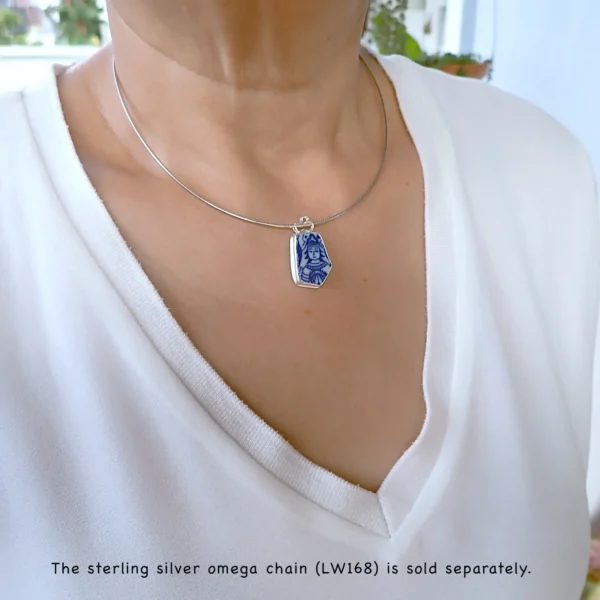 BleuBlanc4_d Pendant upcycled beach pottery blue white ceramic vintage looking sterling silver frame handmade