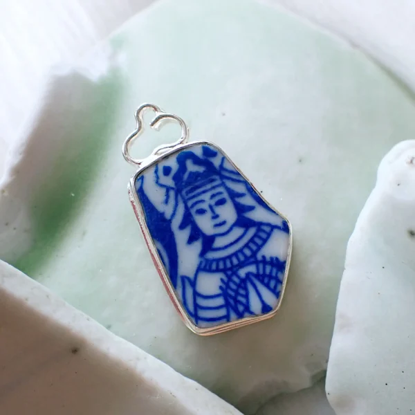 BleuBlanc4_f Pendant upcycled beach pottery blue white ceramic vintage looking sterling silver frame handmade