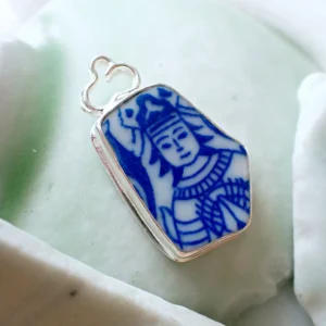 Pendant upcycled beach pottery blue white ceramic vintage looking sterling silver frame handmade