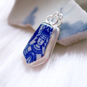 Pendant upcycled beach pottery blue white ceramic vintage looking sterling silver frame handmade