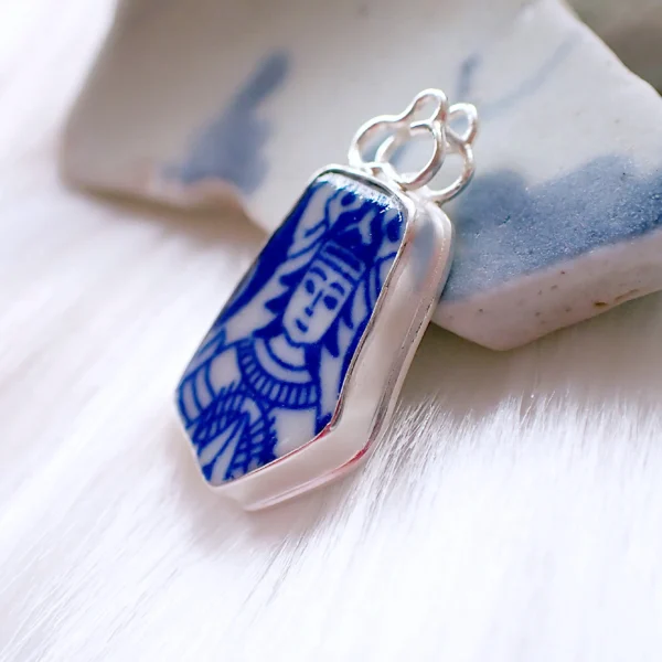 BleuBlanc4_i Pendant upcycled beach pottery blue white ceramic vintage looking sterling silver frame handmade