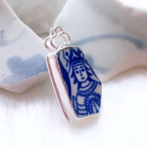 Pendant upcycled beach pottery blue white ceramic vintage looking sterling silver frame handmade