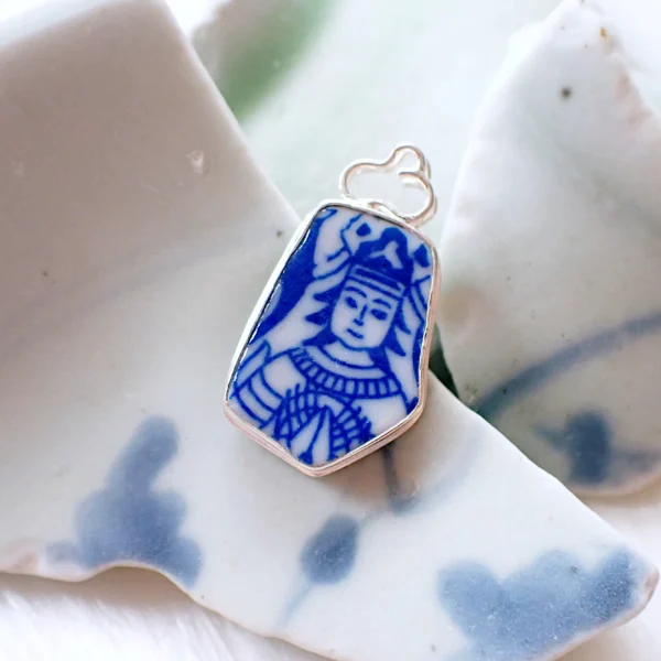 Pendant upcycled beach pottery blue white ceramic vintage looking sterling silver frame handmade