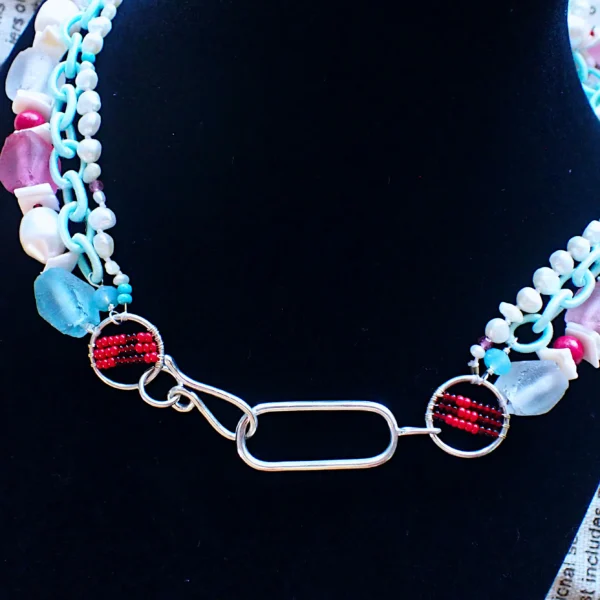 CC_10 Knotted Necklace Tiered Layered Mixed Beads Glass Wood Shell Freshwater Pearls Woven Silk Chain Cotton Candy Colors Handmade