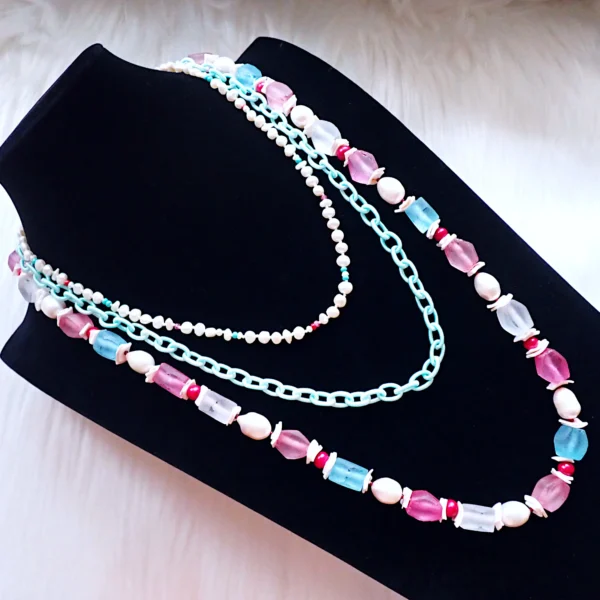 CC_12 Knotted Necklace Tiered Layered Mixed Beads Glass Wood Shell Freshwater Pearls Woven Silk Chain Cotton Candy Colors Handmade