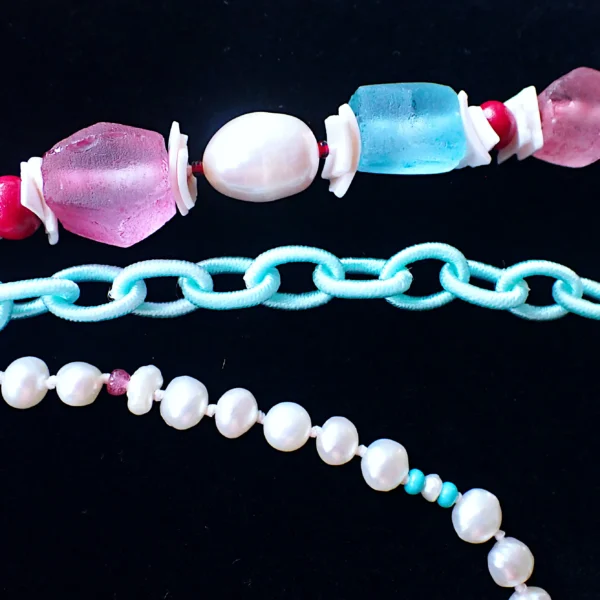 CC_13 Knotted Necklace Tiered Layered Mixed Beads Glass Wood Shell Freshwater Pearls Woven Silk Chain Cotton Candy Colors Handmade