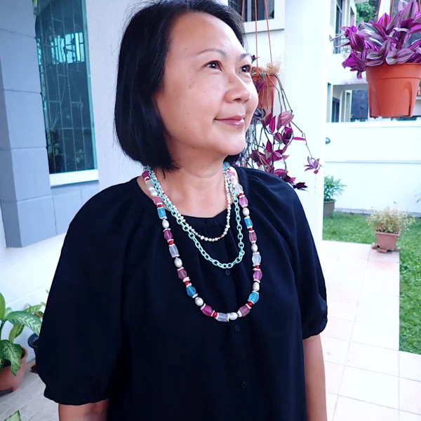 CC_2 Knotted Necklace Tiered Layered Mixed Beads Glass Wood Shell Freshwater Pearls Woven Silk Chain Cotton Candy Colors Handmade