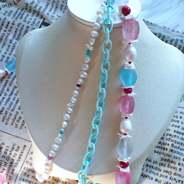 CC_5 Knotted Necklace Tiered Layered Mixed Beads Glass Wood Shell Freshwater Pearls Woven Silk Chain Cotton Candy Colors Handmade