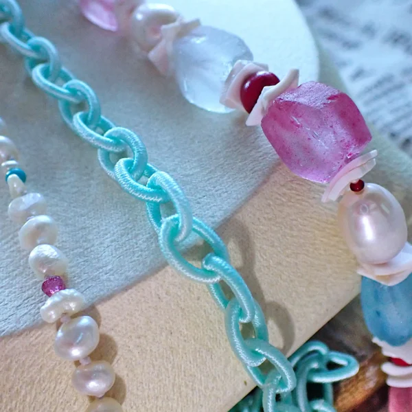 CC_6 Knotted Necklace Tiered Layered Mixed Beads Glass Wood Shell Freshwater Pearls Woven Silk Chain Cotton Candy Colors Handmade