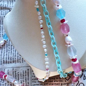 Knotted Necklace Tiered Layered Mixed Beads Glass Wood Shell Freshwater Pearls Woven Silk Chain Cotton Candy Colors Handmade