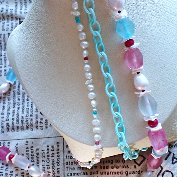 CC_7 Knotted Necklace Tiered Layered Mixed Beads Glass Wood Shell Freshwater Pearls Woven Silk Chain Cotton Candy Colors Handmade