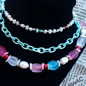 Knotted Necklace Tiered Layered Mixed Beads Glass Wood Shell Freshwater Pearls Woven Silk Chain Cotton Candy Colors Handmade