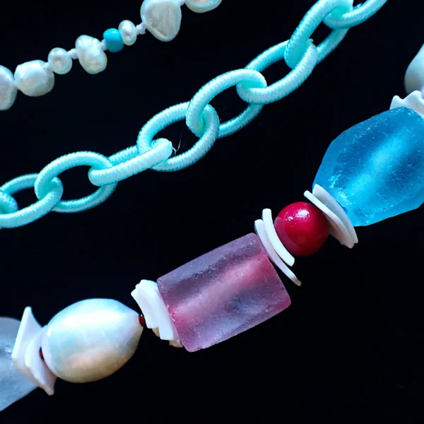 CC_9 Knotted Necklace Tiered Layered Mixed Beads Glass Wood Shell Freshwater Pearls Woven Silk Chain Cotton Candy Colors Handmade