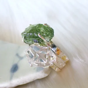 Stacking rings sterling silver natural crystals Herkimer Diamond Moldavite gilded 24K gold foil keum boo handmade