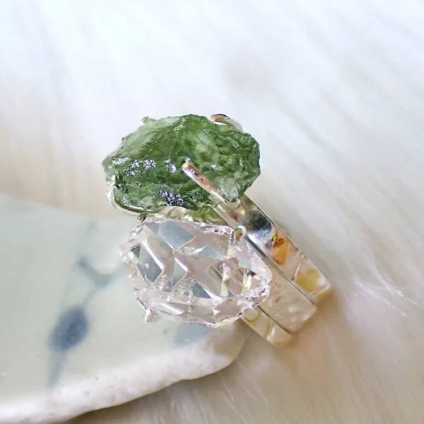 Herdavite_1 Stacking rings sterling silver natural crystals Herkimer Diamond Moldavite gilded 24K gold foil keum boo handmade