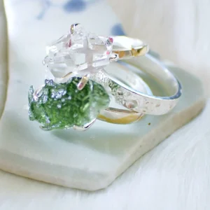 Stacking rings sterling silver natural crystals Herkimer Diamond Moldavite gilded 24K gold foil keum boo handmade