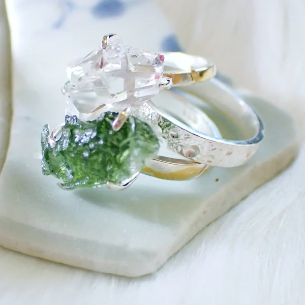 Stacking rings sterling silver natural crystals Herkimer Diamond Moldavite gilded 24K gold foil keum boo handmade