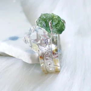 Stacking rings sterling silver natural crystals Herkimer Diamond Moldavite gilded 24K gold foil keum boo handmade