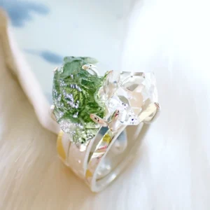 Stacking rings sterling silver natural crystals Herkimer Diamond Moldavite gilded 24K gold foil keum boo handmade